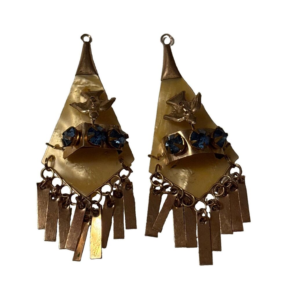 Vintage Chandelier Earrings Blue Rhinestone Dangle Goldtone Fringe Birds